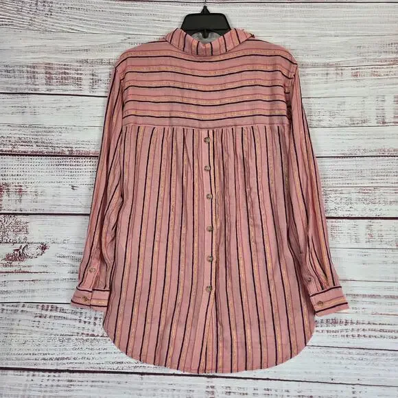 Anthropologie Isadora Button Back Tunic Top S Pink Gold Stripe Popover Shirt NWT - Picture 3 of 13